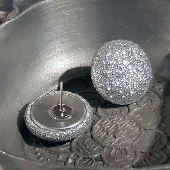 Retro 80s Club Glam Disco Sparkly Silver Fabric Button Earrings - Picture 6 of 10